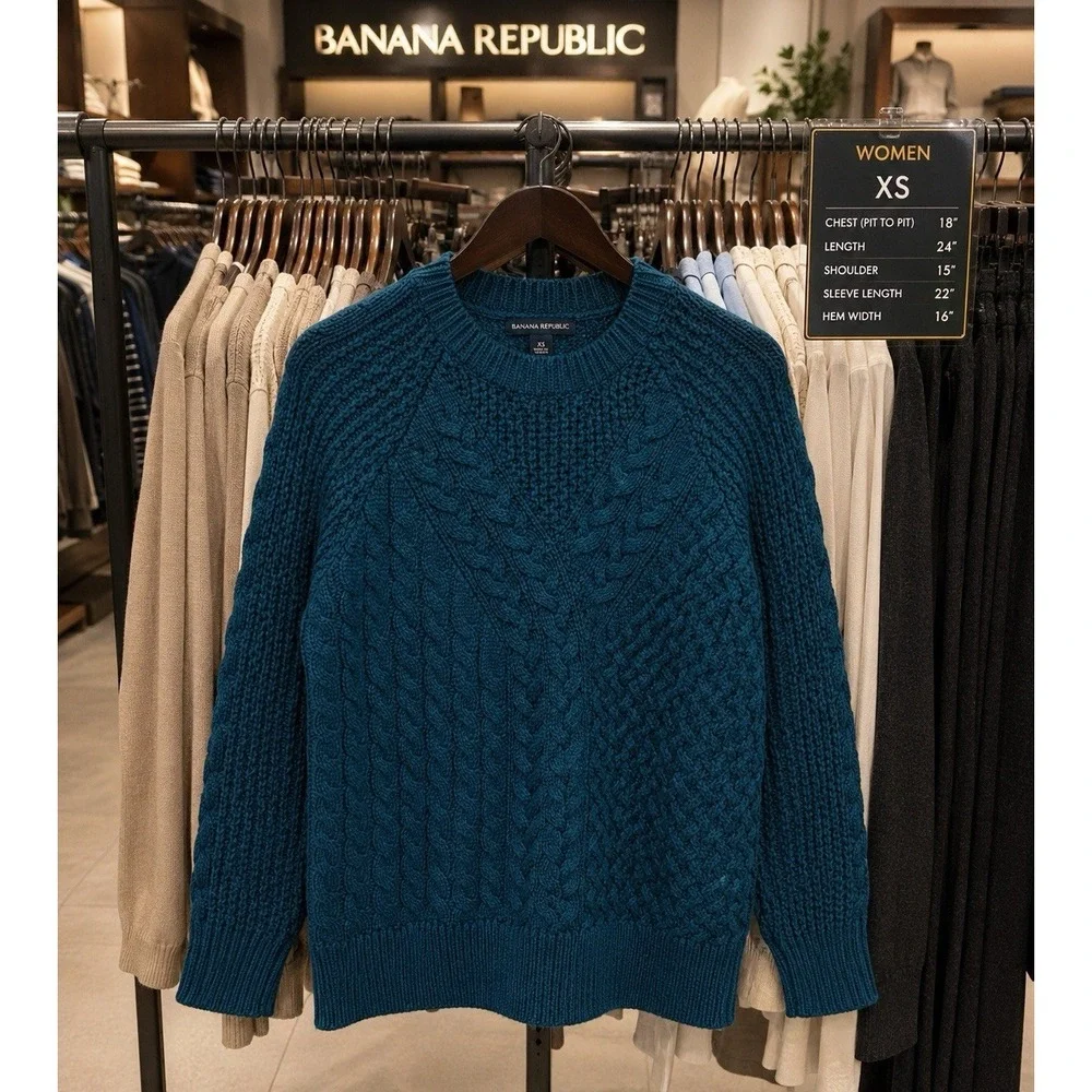 Banana Republic Cable Knit‎ Sweater Tunic Glen Green Merino Cotton Woman XS Cozy
